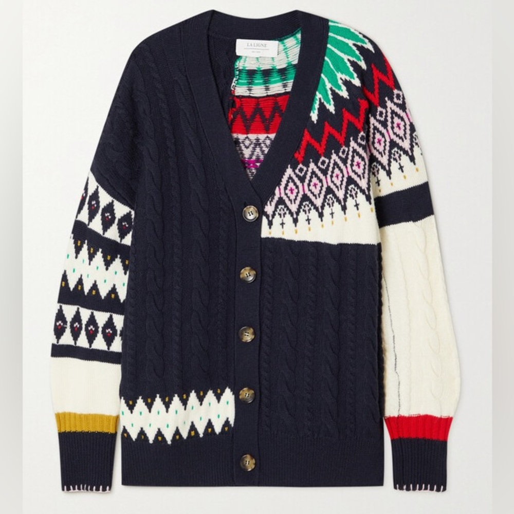 NWOT La Ligne Fairisle Patchwork Cardigan Navy Multi Extra Large (XL) 100% Wool - Picture 13 of 13
